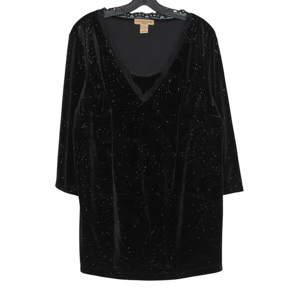 Notations Top 3/4 Sleeve Velvet Glam Goth Classic Sparkly Lace Trim Black 1X - Picture 1 of 5